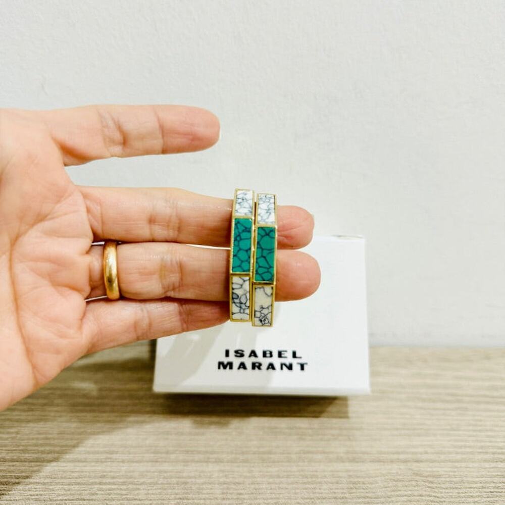 NWT Isabel Marant Gold-Tone Brass Green and White Inlay Boucle Hoop Earrings - Picture 2 of 6